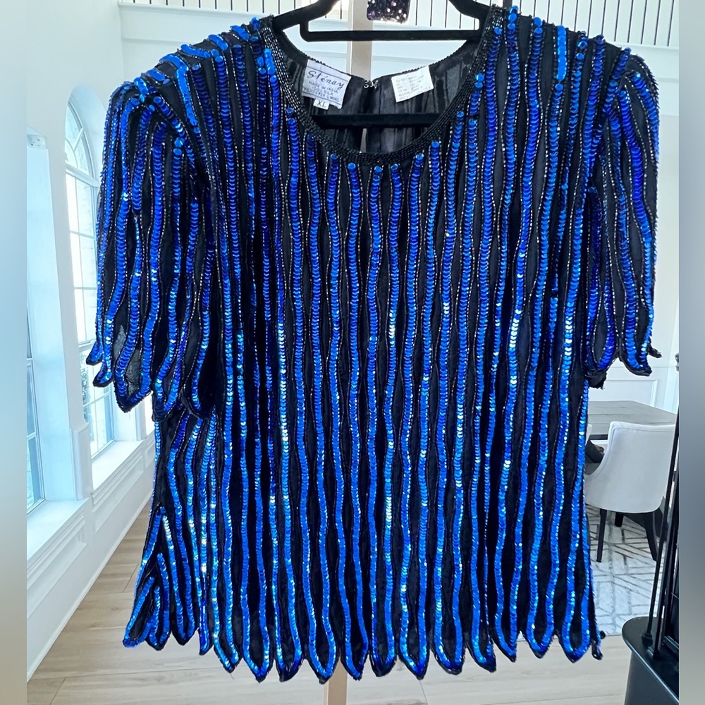 Vintage Stenay 100% Silk Sequin Blouse – Size XL